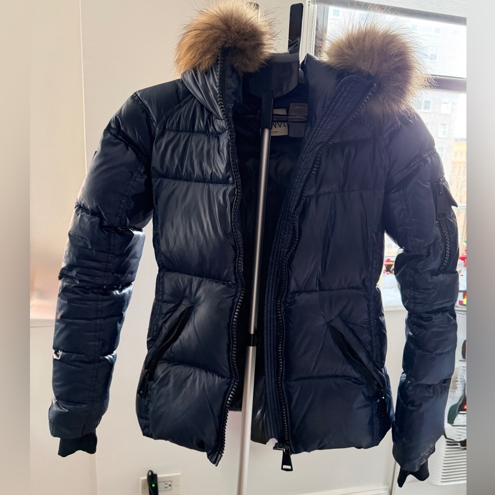 Women's SAM. Navy Puffer XS Jacket with Fur Trim
